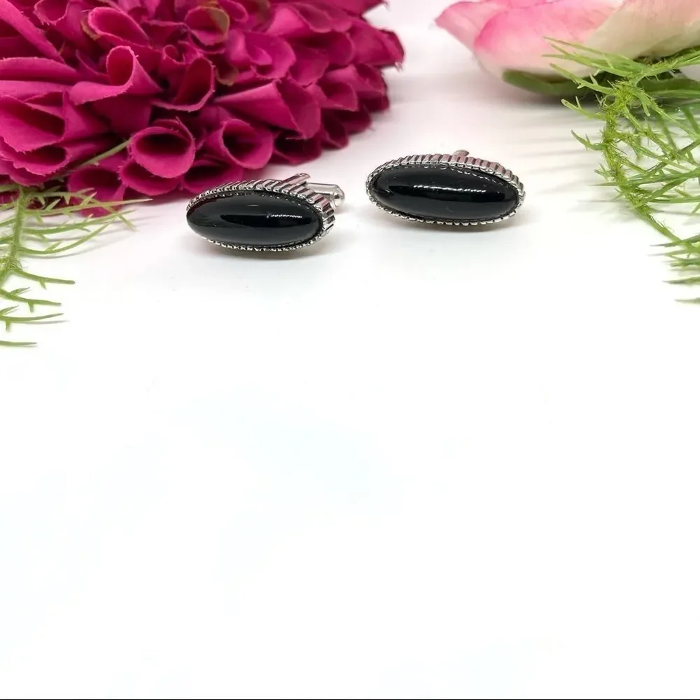 VINTAGE⚜️CUFF LINKS Black Acrylic Detailed Edging - Art Deco Style